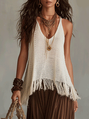 Elegant Textured Fringe Knit Resort Cocoa Brown Skirt Set