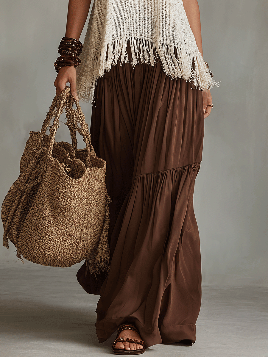 Elegant Textured Fringe Knit Resort Cocoa Brown Skirt Set
