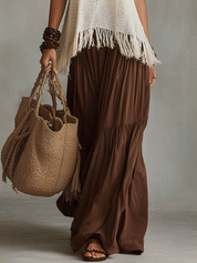 Elegant Textured Fringe Knit Resort Cocoa Brown Skirt Set