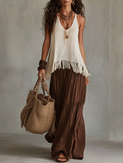 Elegant Textured Fringe Knit Resort Cocoa Brown Skirt Set