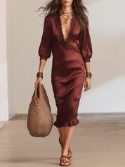 Elegant Lace Trim Resort Burgundy Satin Midi Dress