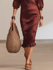 Elegant Lace Trim Resort Burgundy Satin Midi Dress
