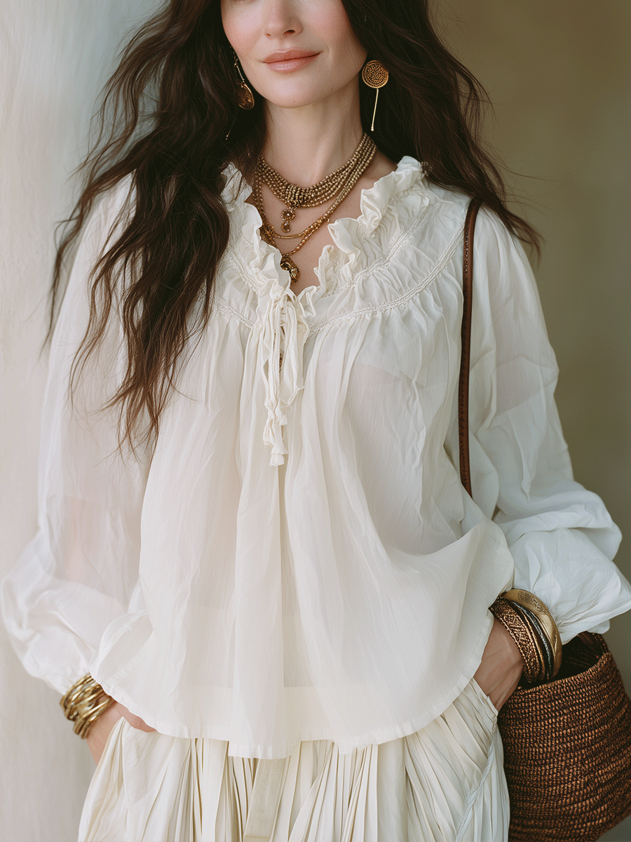 Bohemian Ruffle Trim Resort Ivory White Blouse