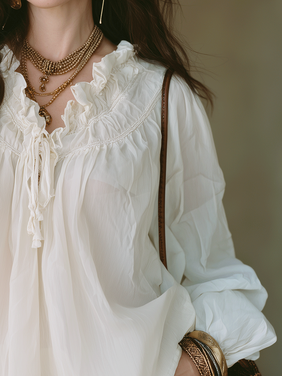 Bohemian Ruffle Trim Resort Ivory White Blouse