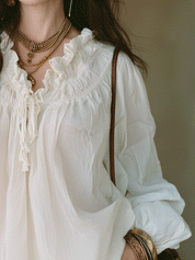 Bohemian Ruffle Trim Resort Ivory White Blouse