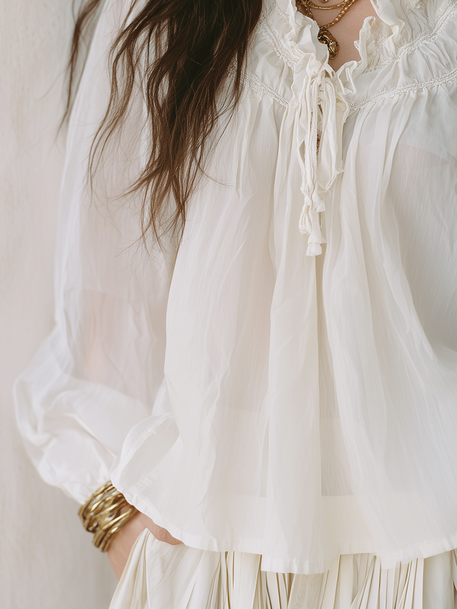 Bohemian Ruffle Trim Resort Ivory White Blouse