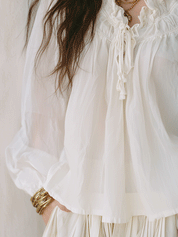 Bohemian Ruffle Trim Resort Ivory White Blouse