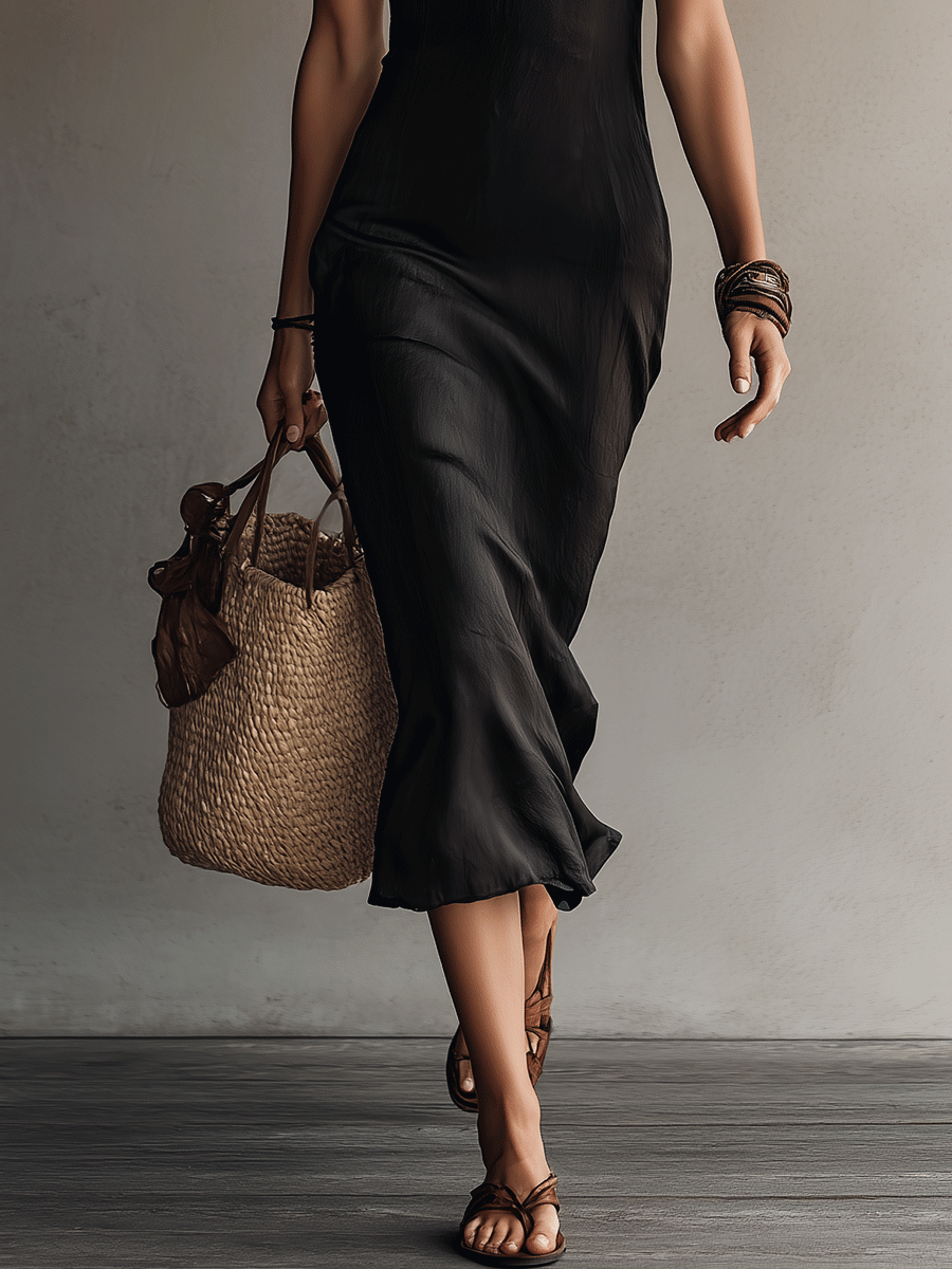 Elegant Lace Trim Resort Midnight Black Midi Dress