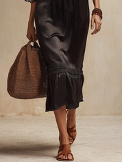 Elegant V-Neck Lace Trim Resort Midnight Black Satin Midi Dress