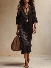 Elegant V-Neck Lace Trim Resort Midnight Black Satin Midi Dress