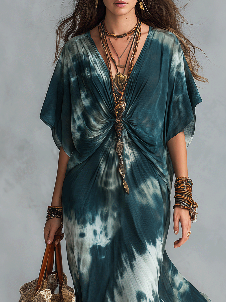 Bohemian Tie-Dye Resort Ocean Blue Maxi Dress
