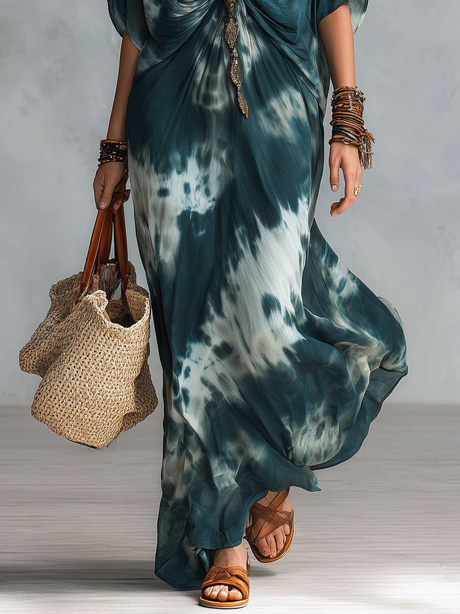 Bohemian Tie-Dye Resort Ocean Blue Maxi Dress