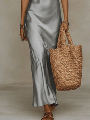 Elegant Satin Resort Silver Grey Slip Maxi Dress
