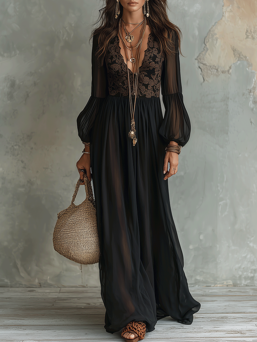 Effortless Vintage Romance Vacation Black Chiffon Maxi Dress