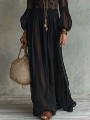 Effortless Vintage Romance Vacation Black Chiffon Maxi Dress
