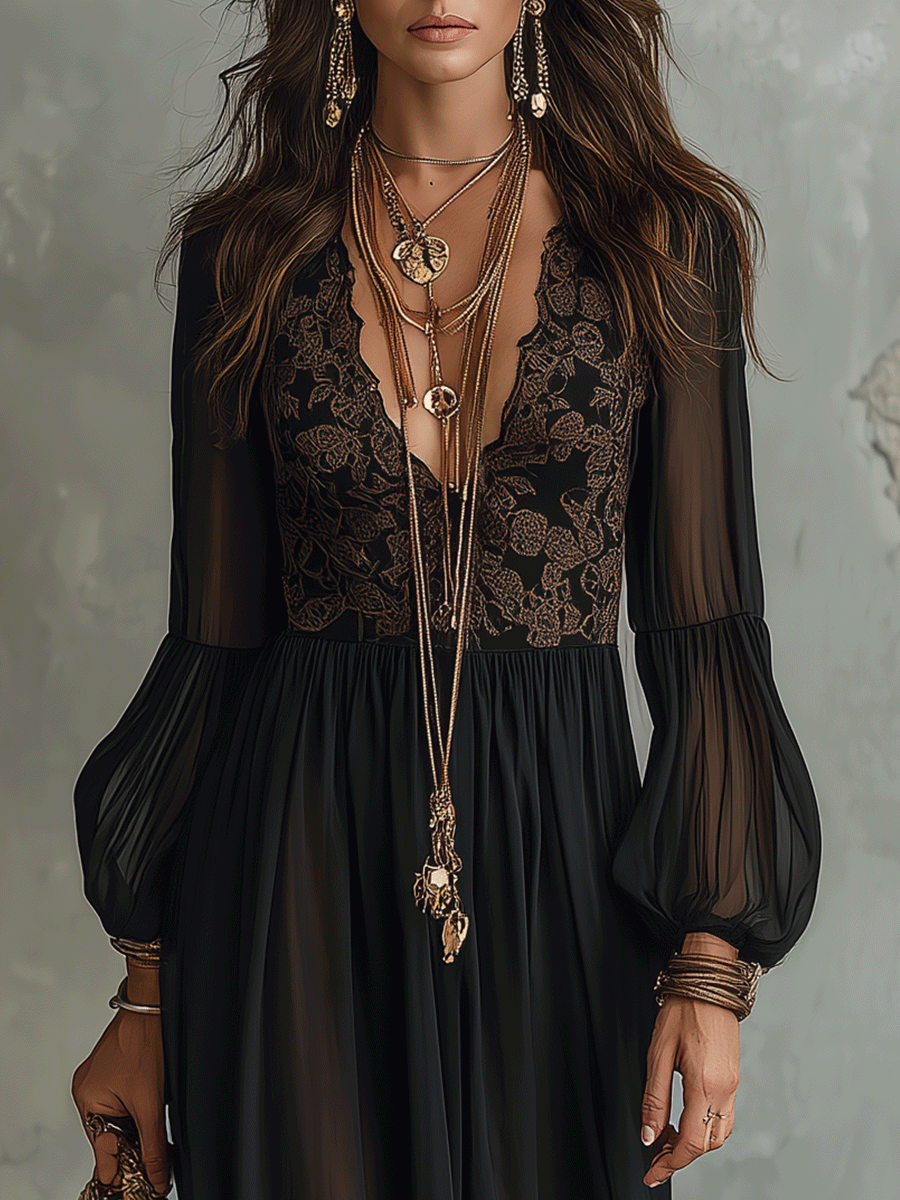 Effortless Vintage Romance Vacation Black Chiffon Maxi Dress