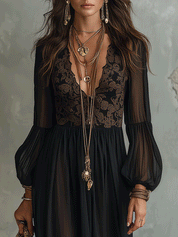 Effortless Vintage Romance Vacation Black Chiffon Maxi Dress