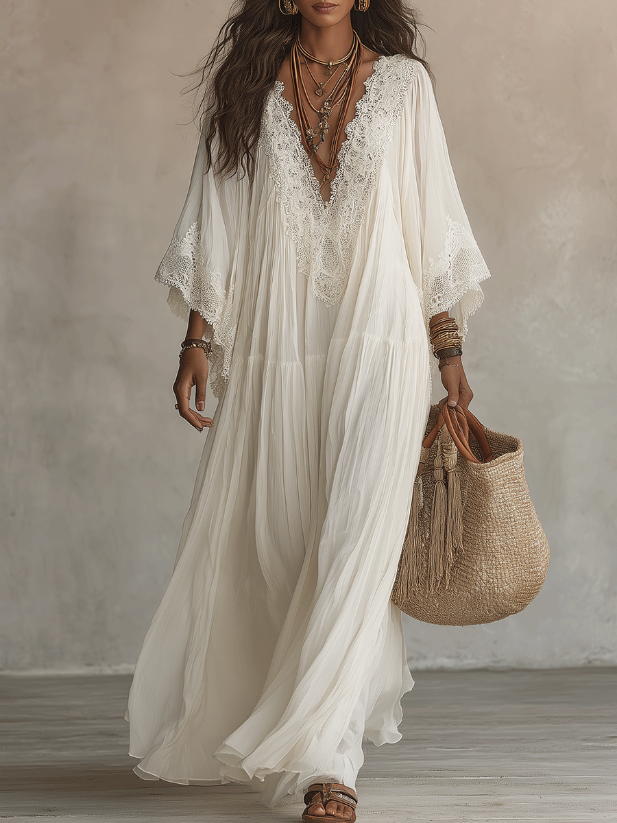 Effortless Flowy Vacation Cream White Boho Maxi Dress GLOERIA Effortless Flowy Vacation Cream White Boho Maxi Dress GLOERIA