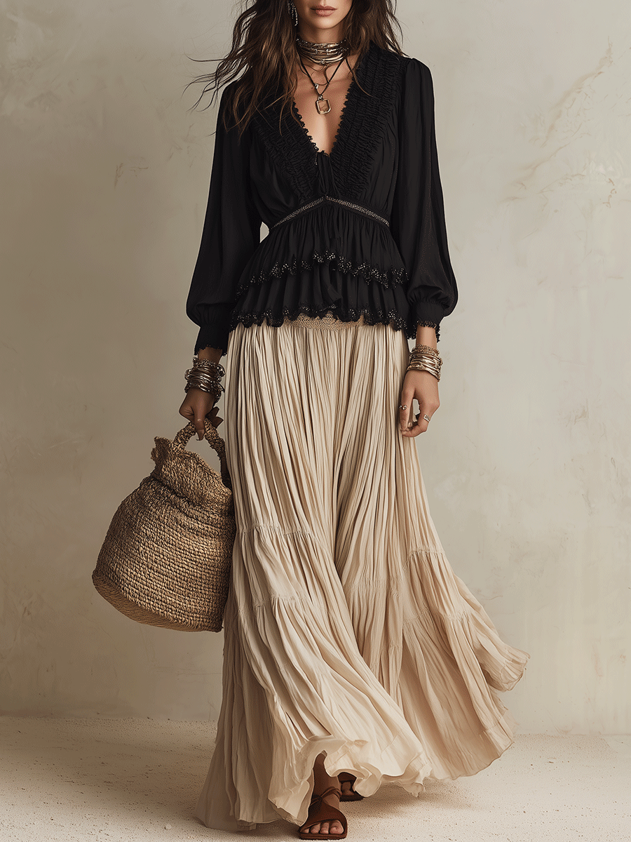 Effortless Romantic Vacation Black And Cream Skirt Set