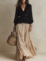 Effortless Romantic Vacation Black And Cream Skirt Set