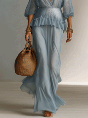 Elegant Shimmer Pleated Boho Sky Blue Maxi Dress