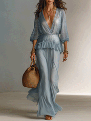 Elegant Shimmer Pleated Boho Sky Blue Maxi Dress
