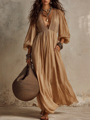 Effortless Deep V-Neck Coastal Camel Beige Maxi Dress
