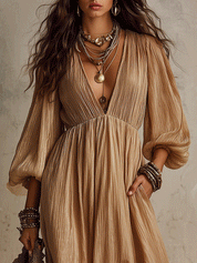 Effortless Deep V-Neck Coastal Camel Beige Maxi Dress