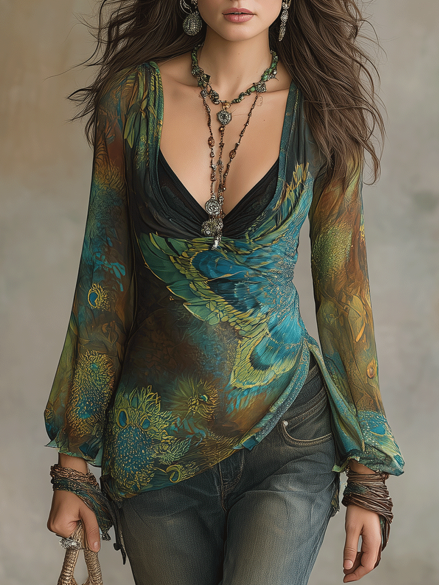 Bohemian Peacock Print Resort Emerald Blue Wrap Blouse