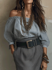 Bohemian-Style Textured Striped Off-Shoulder Top & Midi Skirt Set