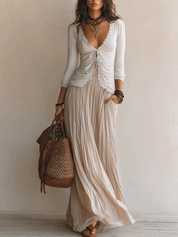 Elegant Lace Trim Coastal Cream Maxi Skirt Set