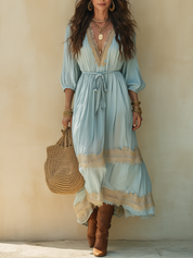 Vacation-Style Light Blue Cotton-Linen With Tie Straps  Maxi Dress