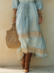 Vacation-Style Light Blue Cotton-Linen With Tie Straps  Maxi Dress