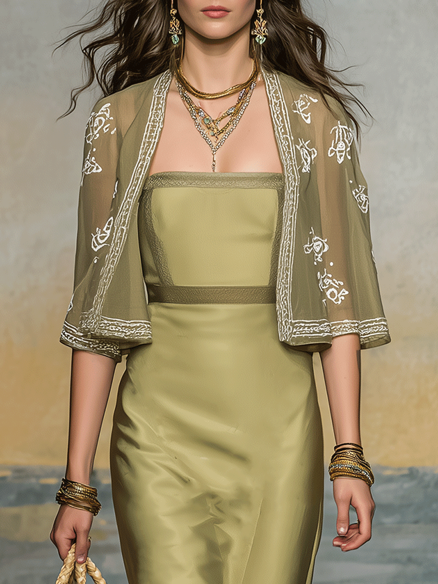 Elegant Olive Green Satin Maxi Dress And Embroidered Cardigan Two-Piec – GLOERIA Elegant Olive Green Satin Maxi Dress And Embroidered Cardigan Two-Piec – GLOERIA