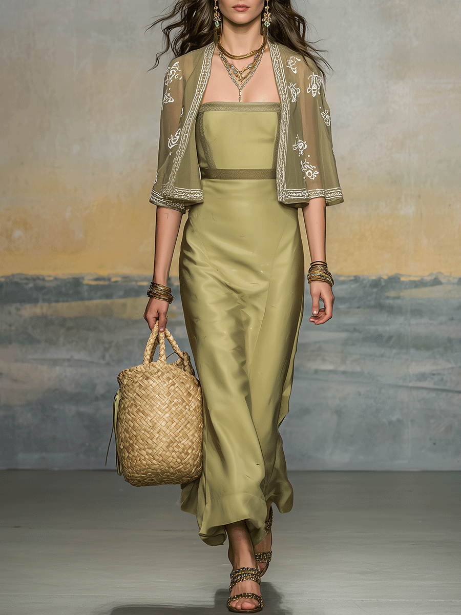 Elegant Olive Green Satin Maxi Dress And Embroidered Cardigan Two-Piec – GLOERIA Elegant Olive Green Satin Maxi Dress And Embroidered Cardigan Two-Piec – GLOERIA