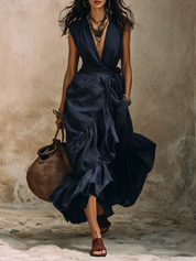 Navy Blue Deep V Ruffle Wrap Maxi Dress