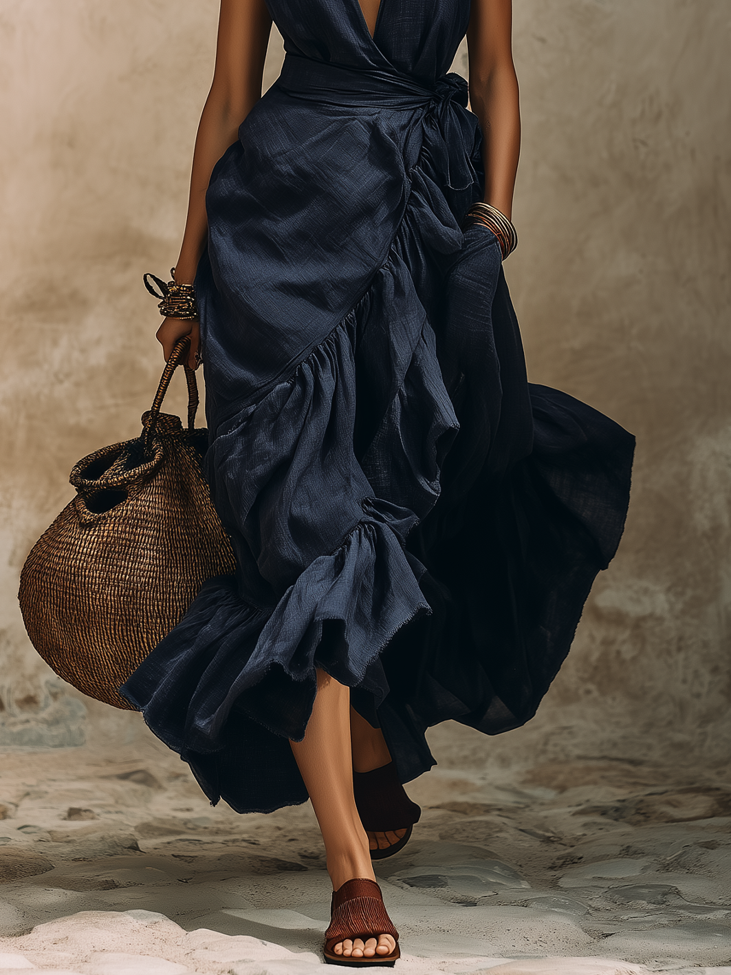 Navy Blue Deep V Ruffle Wrap Maxi Dress