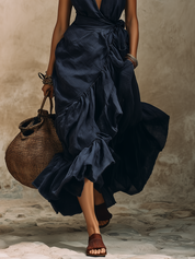 Navy Blue Deep V Ruffle Wrap Maxi Dress