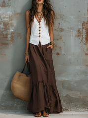 Vacation-Style White Cotton-Linen Sleeveless H-Line Maxi Dress