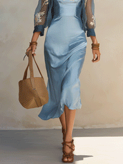 Elegant Satin Coastal Powder Blue Slip Embroidered Dress And Embroidered Shirt Set