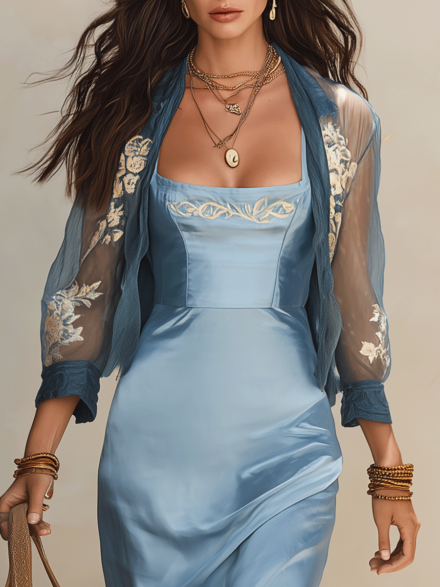 Elegant Satin Coastal Powder Blue Slip Embroidered Dress And Embroidered Shirt Set