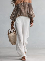 Bohemian Stripe Off-Shoulder Blouse & Wide-Leg Pants Set