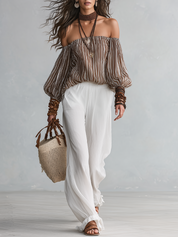 Bohemian Stripe Off-Shoulder Blouse & Wide-Leg Pants Set