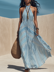 Santorini Breeze Striped Halter Maxi Dress