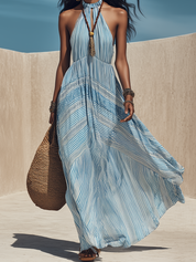 Santorini Breeze Striped Halter Maxi Dress