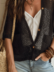 Bohemian Open-Knit Resort Midnight Black Cardigan