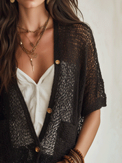 Bohemian Open-Knit Resort Midnight Black Cardigan