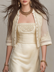 Elegant Embroidered Resort Ivory Satin Maxi Dress Set