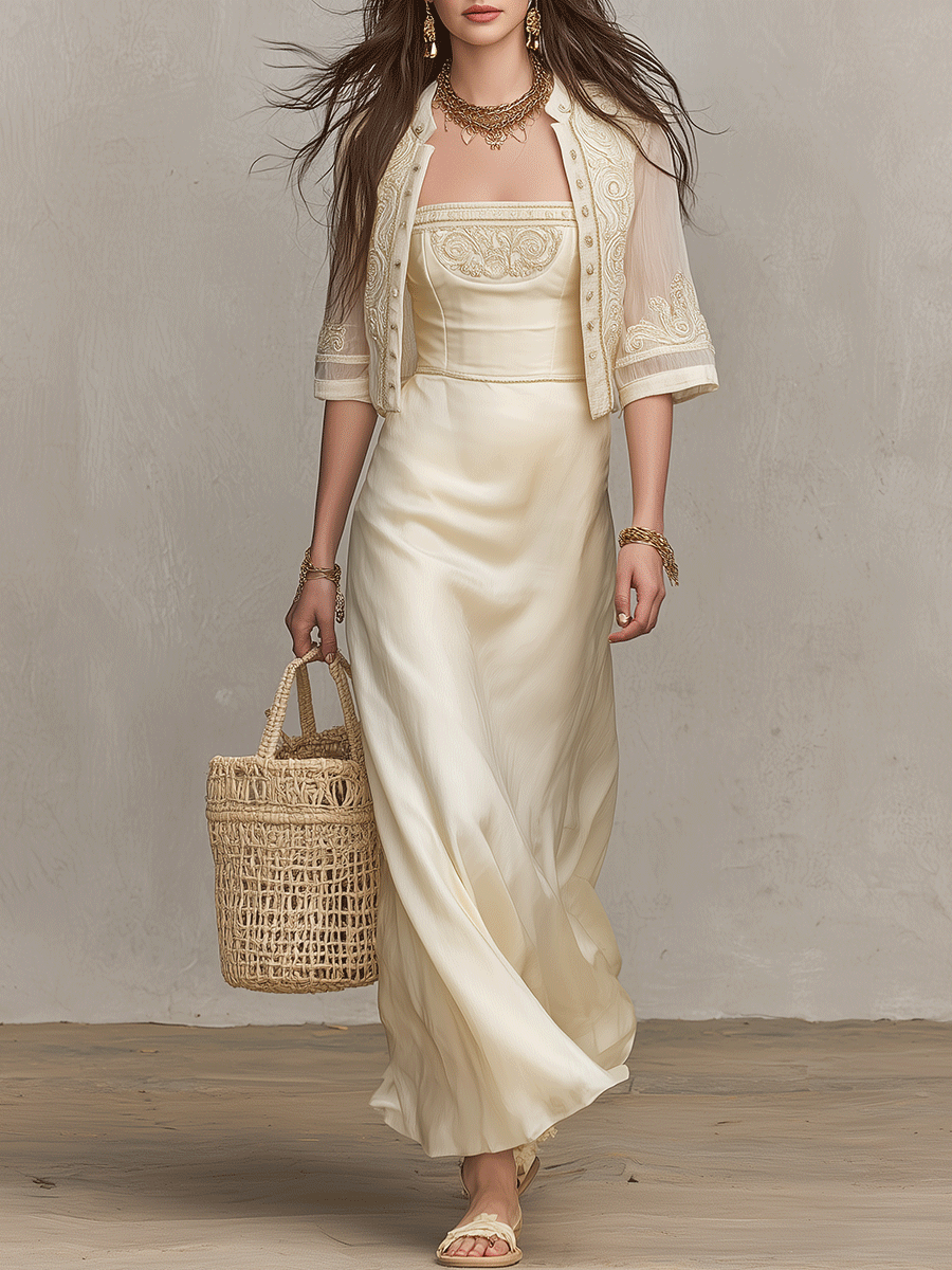 Elegant Embroidered Resort Ivory Satin Maxi Dress Set