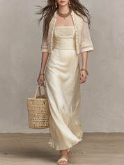 Elegant Embroidered Resort Ivory Satin Maxi Dress Set